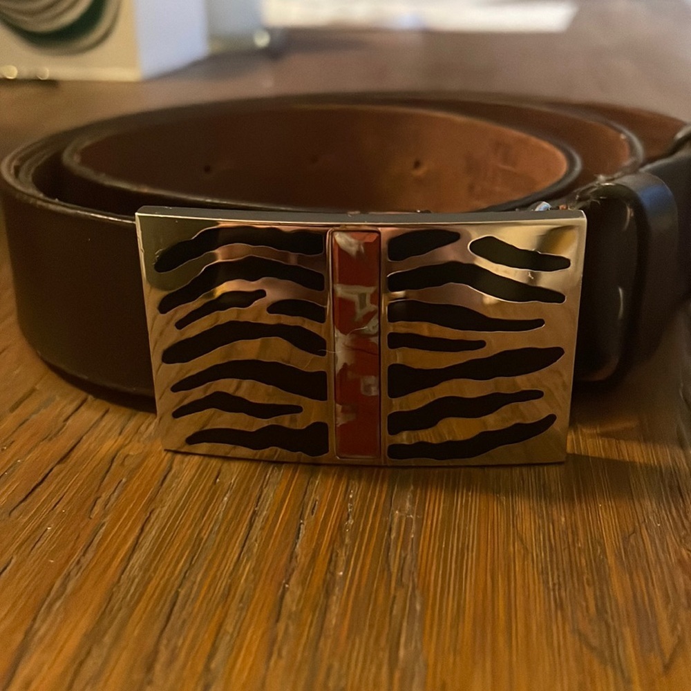 Valentino Garavani Brown Leather Belt with Gold-Tone Zebra Buckle and Red Accent